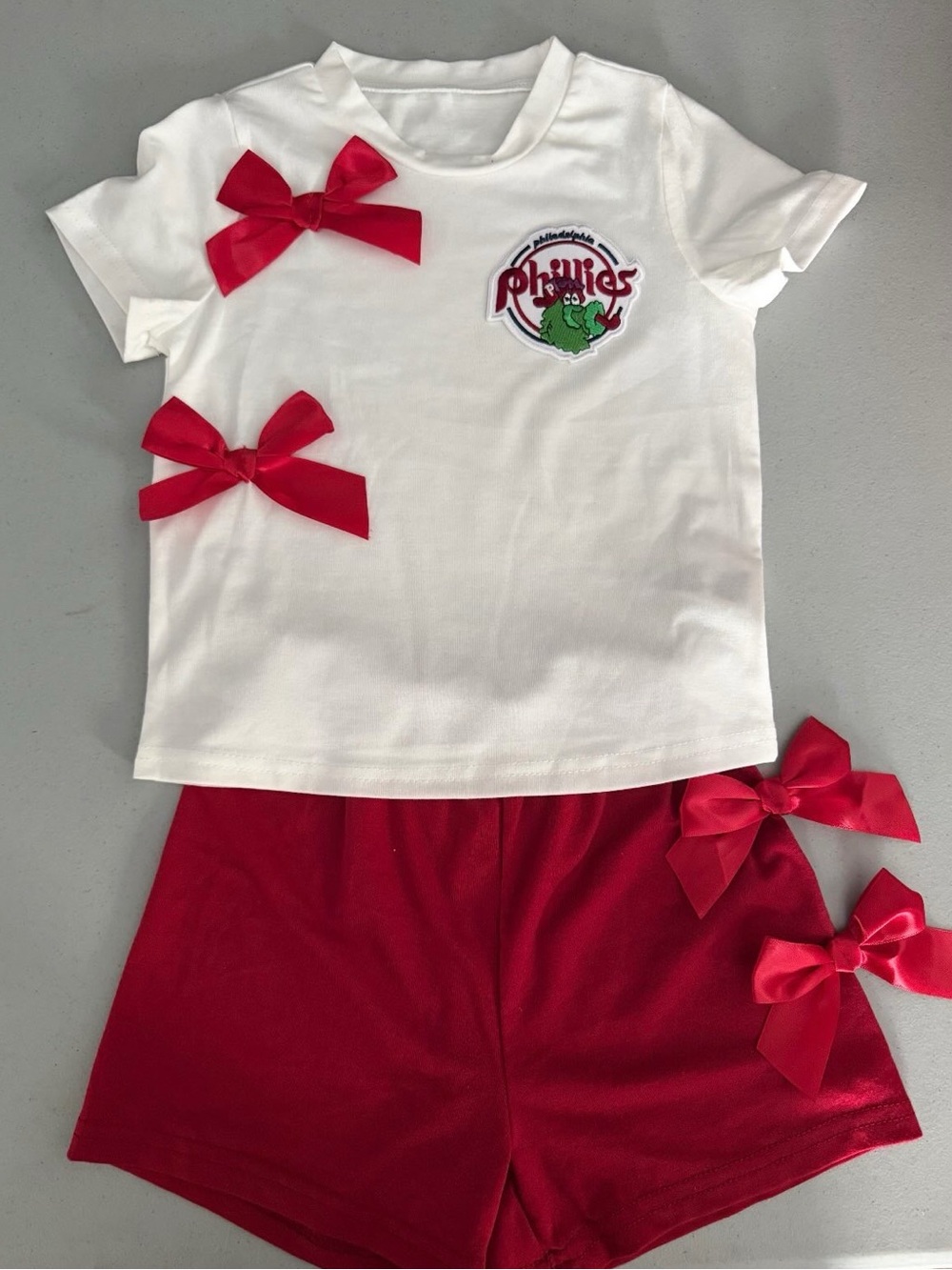 White Tee & Red Bow Shorts Set with Phillies logo
